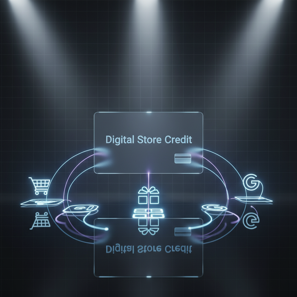 A transparent acrylic card labeled “Digital Store Credit” floating above a reflective black surface, surrounded by faint, glowing lines connecting to abstract icons representing different card shops and vendors. The environment is a dark, gradient background in neutral grays, with a subtle grid suggesting a digital network. Cool, focused spotlights from above and behind create crisp rim lighting along the acrylic edges and delicate reflections on the surface below. The composition is centered and symmetrical, with strong vertical balance and a sense of depth through layered, slightly out-of-focus icons. The mood is secure, sophisticated, and innovative, rendered in sharp photographic realism with a clean, corporate, technology-forward aesthetic.