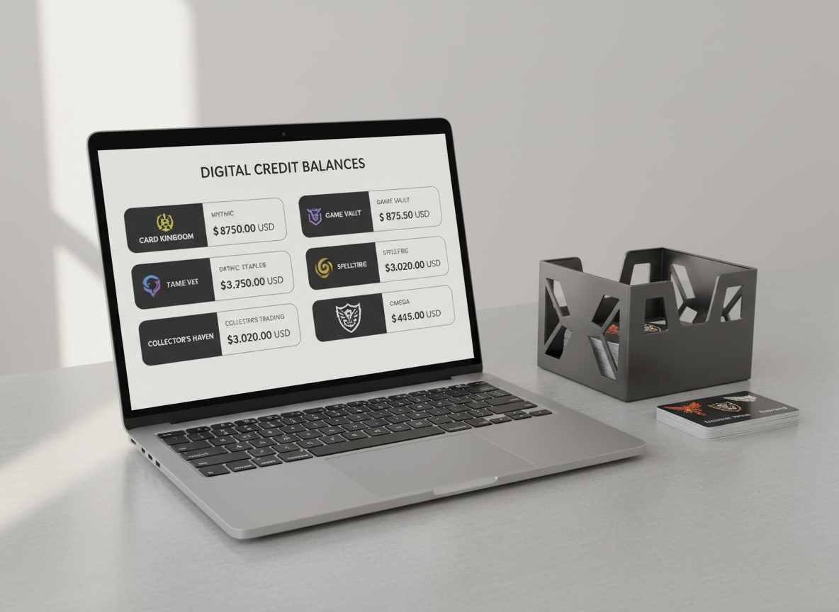 A sleek, open laptop displaying a clean dashboard of digital store credit balances, with neatly organized cards labeled for different trading card game shops. The laptop rests on a light gray, matte-finish desk with a subtle texture, beside a minimalist metal card storage box and a stack of logo-branded gift cards. Soft, diffused daylight from an unseen window casts gentle, even illumination, creating faint shadows and crisp reflections on the laptop’s metallic edges. Shot at eye level with a slightly off-center, rule-of-thirds composition, the background fades into a softly blurred neutral wall. The mood is professional, trustworthy, and orderly, captured in photographic realism with a clean, corporate aesthetic and balanced composition.